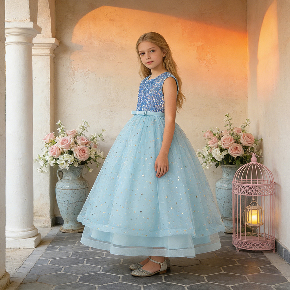 Vestido de Noche de Moda con Lentejuelas para Niñas, Colección Primavera/Verano 2026, Vestido de Princesa con Malla Abullonada para Actuaciones de Piano, Traje de Gala