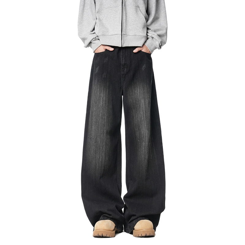 Retro Washed Distressed Jeans for Men and Women, Suitable for All Seasons, Loose Casual Floor-Length Pants with Drapey Wide-Leg Design