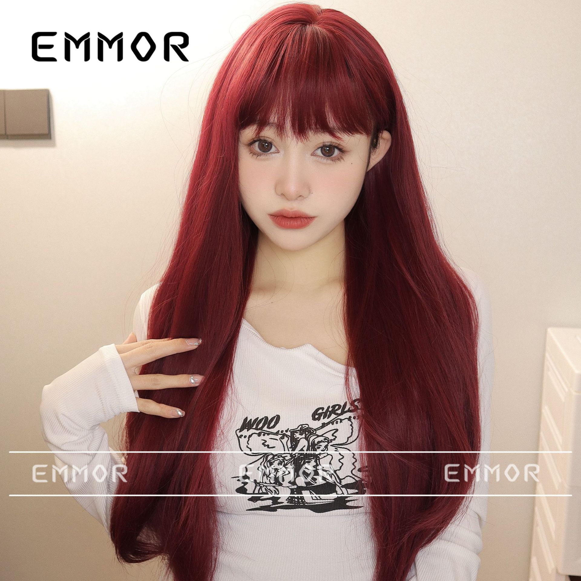 Estilo japonés y coreano nueva peluca femenina recta Bangs Pelo Largo cubierta completa de la cabeza natural mullida reducción de la edad peluca Lolita