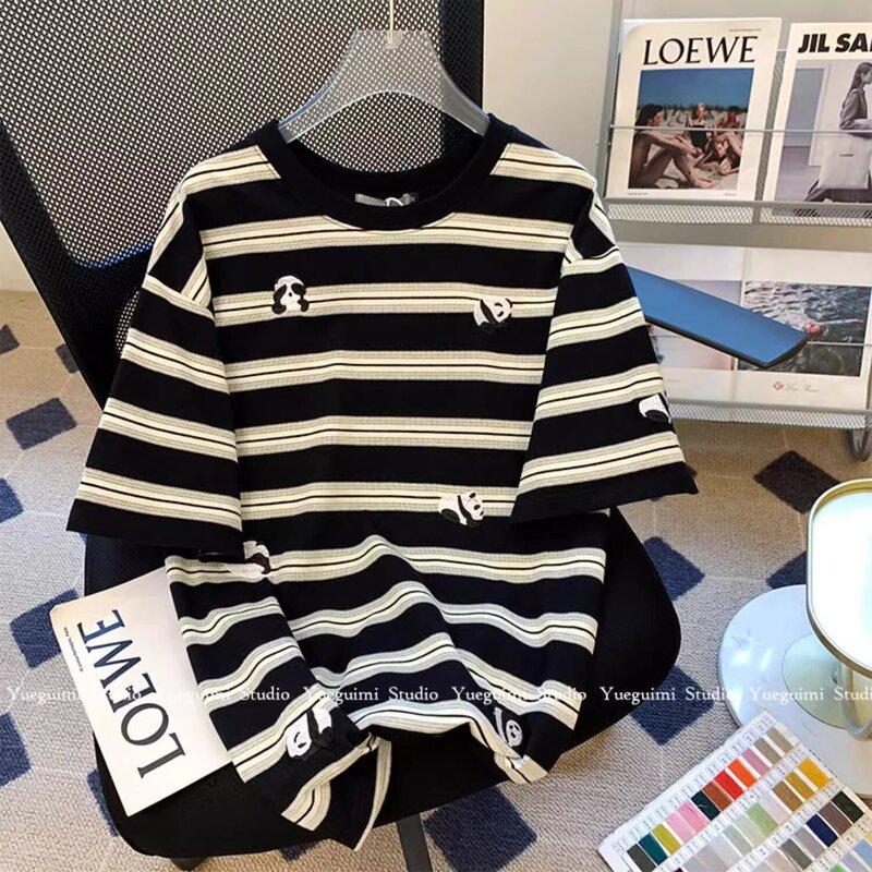Plus Size 120kg Age-Reducing Striped Embroidered Short-Sleeve Top for Women, Summer Loose Fit, Slimming, Tummy-Covering Half-Sleeve T-Shirt