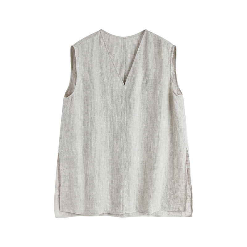 French Retro V-Neck Sleeveless Linen Shirt for Women 2026 Summer New Design with Slits and Loose Fit to Look Slimming