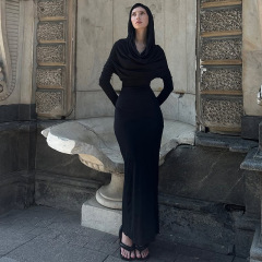 欧美风2025秋季新款女装法式气质纯色连帽长袖百搭修身包臀连衣裙