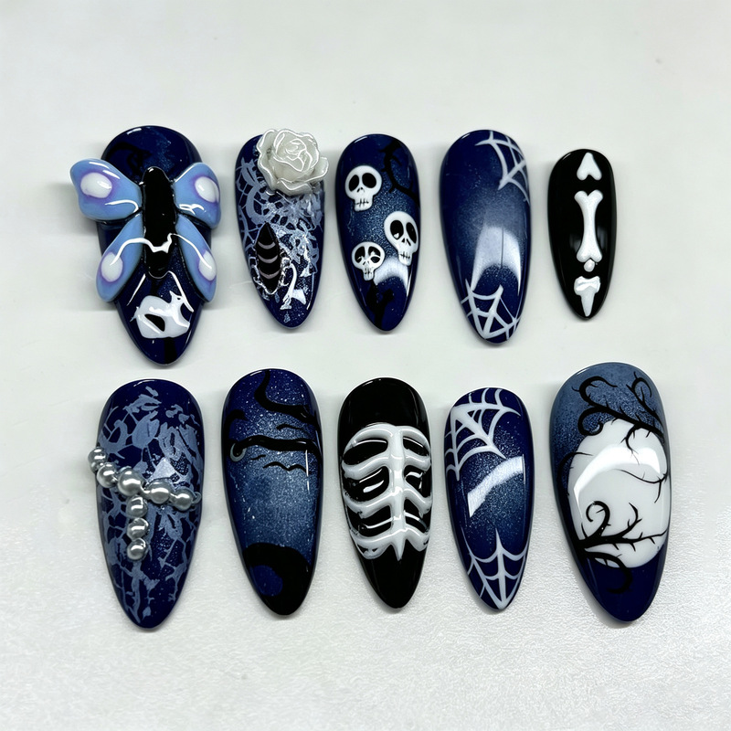30 pieces of popular cross-border Halloween 3D white rose almond press-on nails with sweet and cool butterfly and pearl designs 30 pieces of popular cross-border Halloween 3D white rose almond press-on nails with sweet and cool butterfly and pearl designs