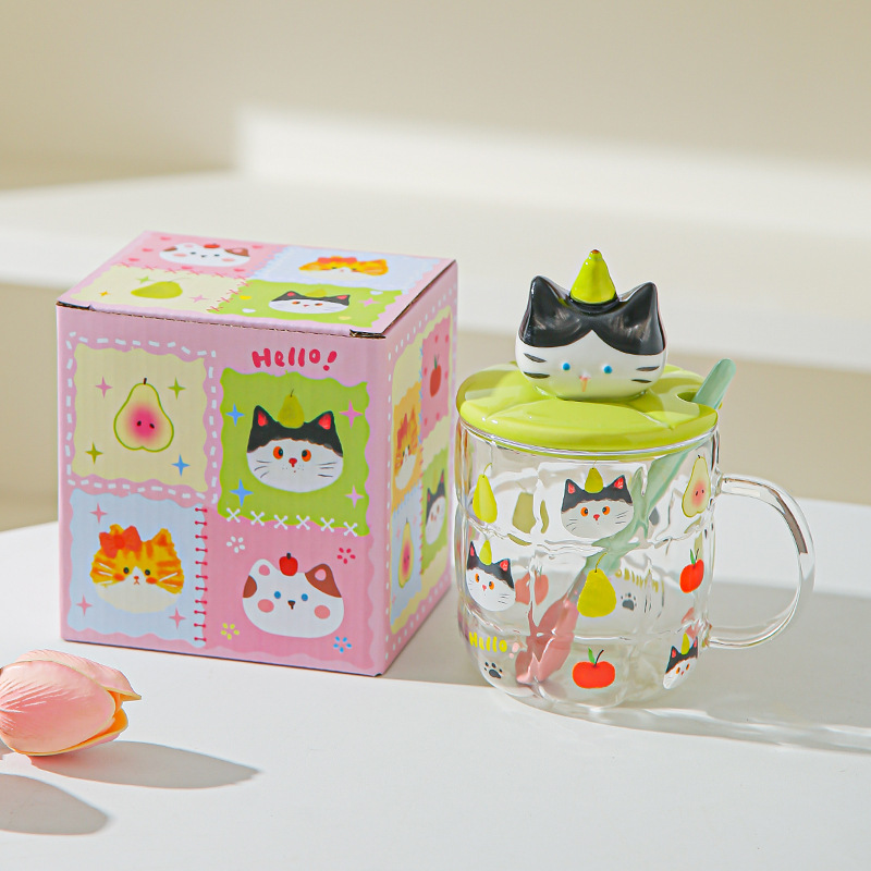 Gato estereoscópico pintado a mano alta resistencia al calor de vidrio de silicio de alta calidad de oficina con cubierta de cuchara de agua taza de dibujos animados taza de marca