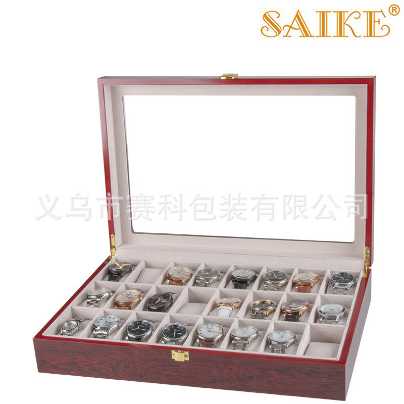 现货批发木质烤漆24位手表收纳展示盒喷漆24只装手表盒容量大窗口