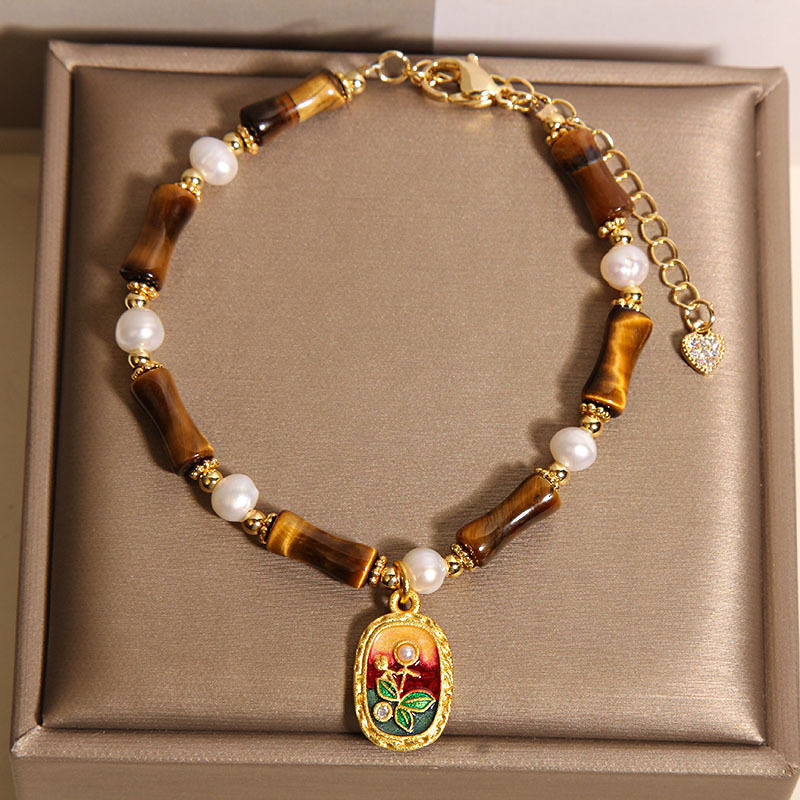 Nueva pulsera china de bambú de piedra de ojo de tigre, colgante de pintura al óleo de perlas de nicho de lujo ligero femenino, pulsera de estilo nacional, joyería de alta calidad