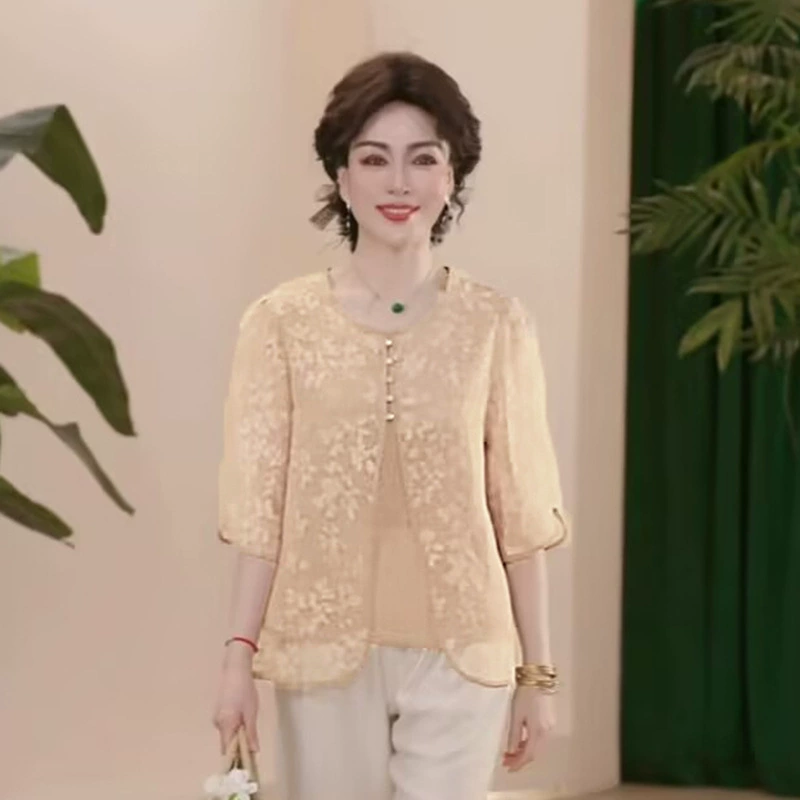 Весенний стиль для 50-летней матери, рубашки с рукавами три четверти, топы для женщин среднего и пожилого возраста, весенне-летние тонкие рубашки с принтом