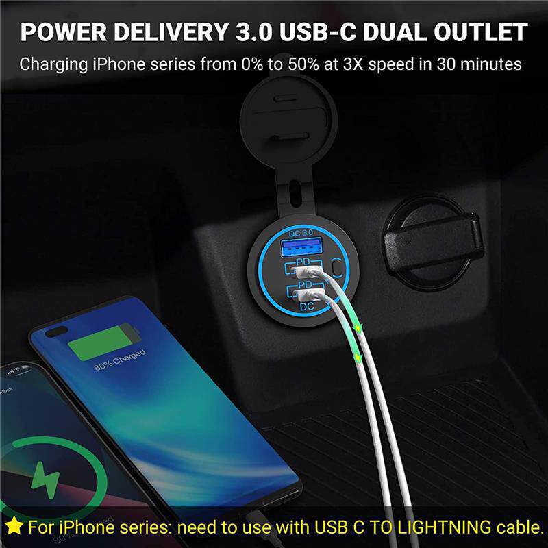 Motorcycle modified USB fast-charging car charger with waterproof cover, vehicle charging port, universal charger for cars and trucks