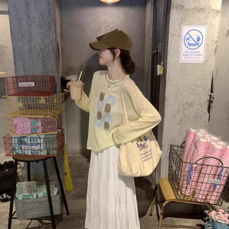 Korean Yellow Round Neck Printed Sun Protection Air-Conditioning Shirt Long-Sleeved T-Shirt Women's Summer Casual Outer Tulle Top Blouse