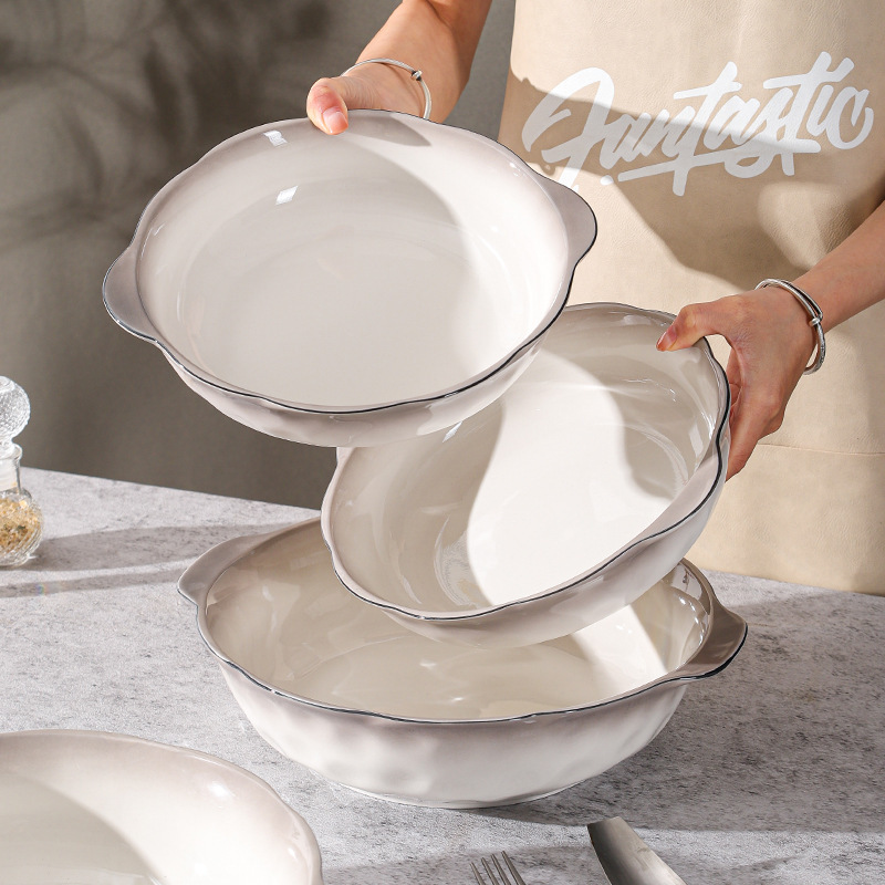 Japanese-Style Ceramic Large Bowl for Pickled Fish, Large Household Soup Bowl, Double-Handle Bowl, Chopsticks, Plate, Bowl Set