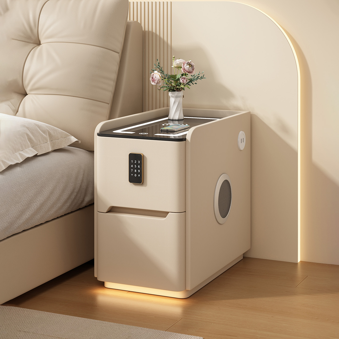 Smart Bedside Table Modern Simple Solid Wood Multi-Function Wireless Charging with Lock Small Household Light Luxury Extremely Narrow Bedside Table