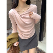 韩系温柔风不规则褶皱长袖T恤女秋季新款气质百搭修身打底衫上衣