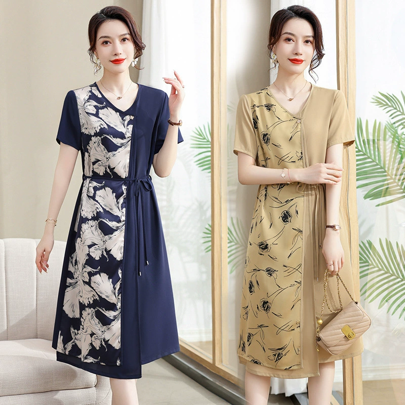 Модное женское платье для мамы летом, женская юбка средней длины с короткими рукавами среднего возраста, летняя шифоновая юбка для женщин среднего и пожилого возраста.