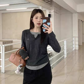 小众设计感假两件撞色拼接长袖T恤女秋季修身显瘦打底衫内搭上衣