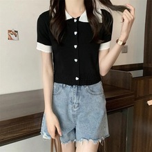 新款复古娃娃领短袖针织开衫女设计感修身气质短款上衣女小香风