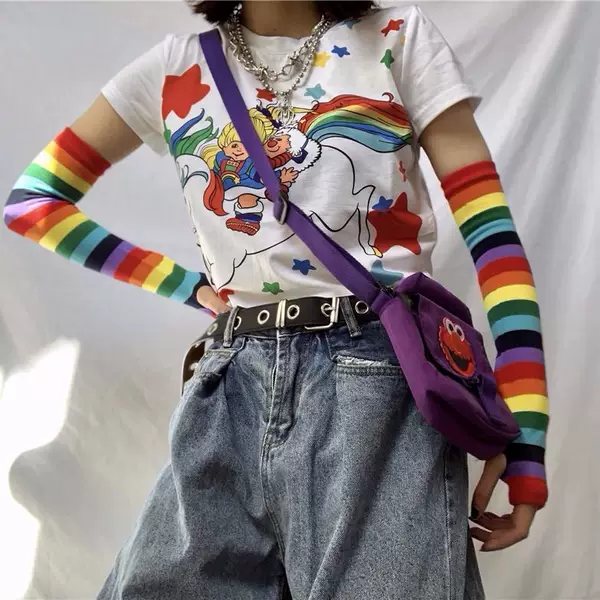 Ice sleeve sun protection female cute Harajuku style elegant style rainbow oversleeve female student knitted sun protection sleeve arm cover summer