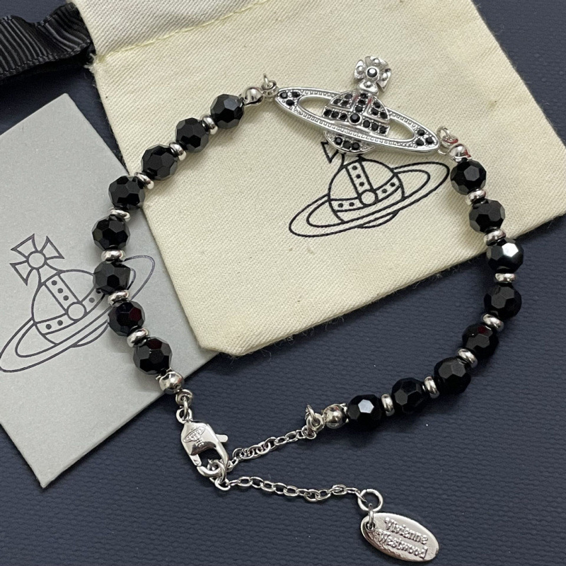 [Vivian] Empress Saturn Black Agate Bracelet Retro Black Crystal Full Diamond Planet Pearl Bracelet