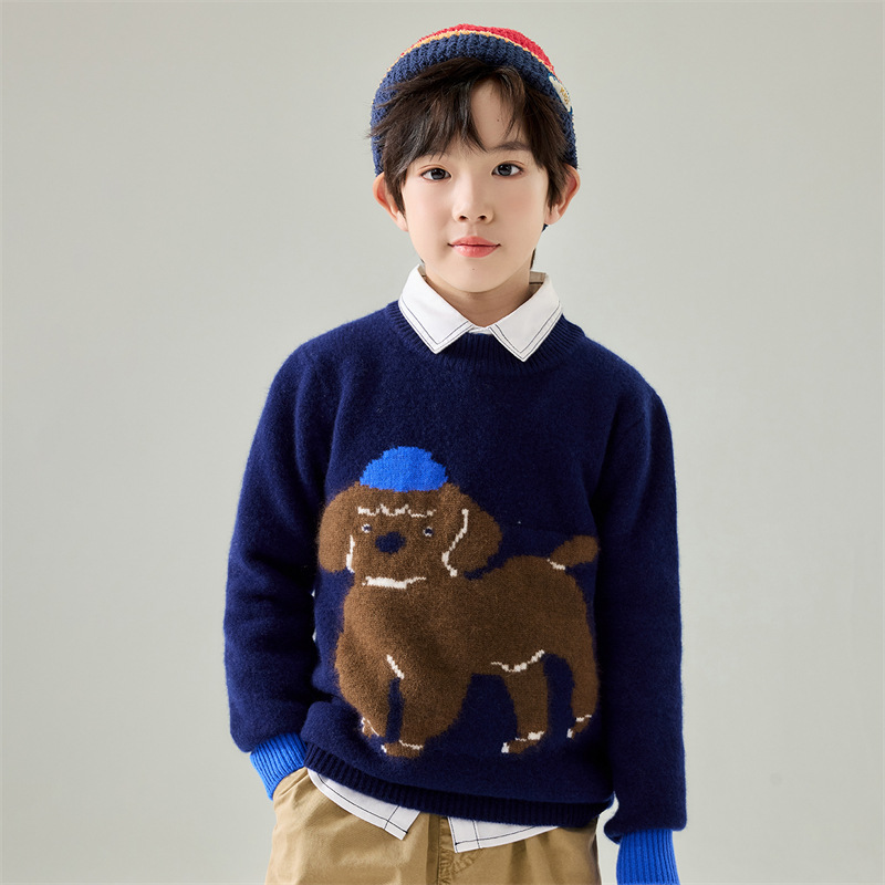 Autumn/Winter Children's Thickened 100% Wool Sweater, Half-High Neck, Puppy Jacquard Warm Base Layer Sweater, Loose Knit