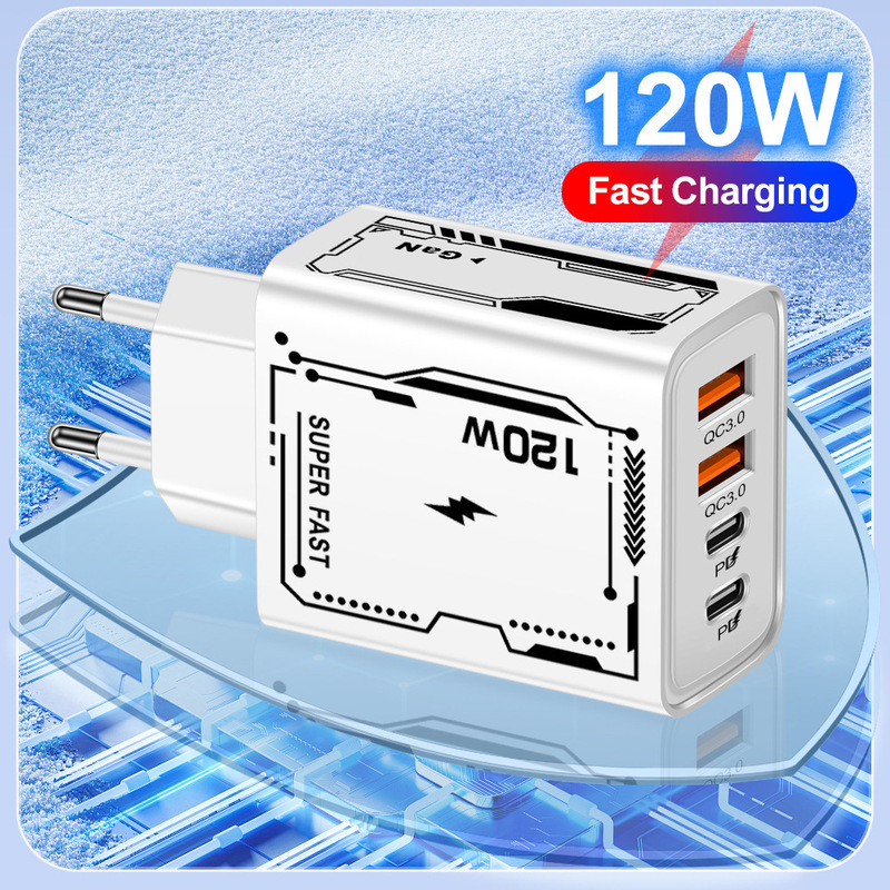 120W Dual Pd + Dual USB Charger Suitable for Apple 15 Huawei Mobile Phones Dual Typec Fast Charging Charging Head Power Supply