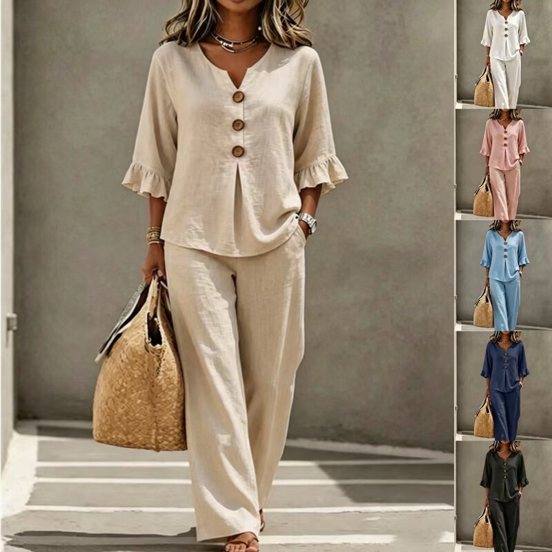 2026 European and American Autumn/Winter New V-neck Buttoned Ruffle Trim Three-Quarter Sleeve T-shirt and Pants Fashionable Casual Two-Piece Women's Outfit