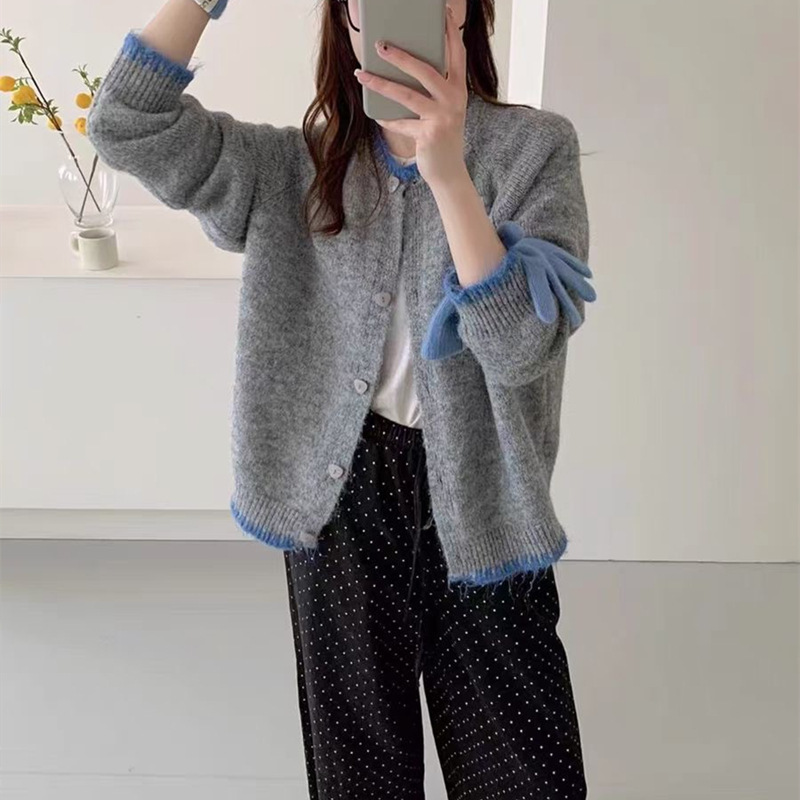 2026 Autumn and Winter New Style Lazy Style Color-Blocked Knit Sweater Jacket Korean Style Soft Knit Sweater Jacket for Women