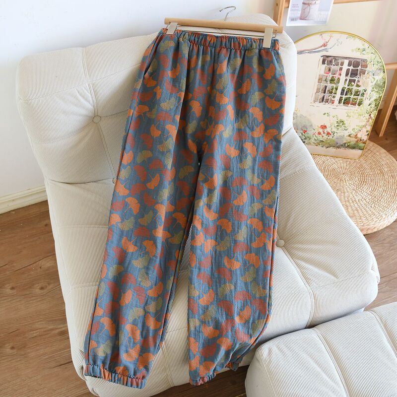 Vintage Cotton Double-Layer Jacquard Gauze High-Waisted Women's Casual Straight-Leg Long Pants, Thin Sweat-Absorbent Cuffed Home Pants Vintage Cotton Double-Layer Jacquard Gauze High-Waisted Women's Casual Straight-Leg Long Pants, Thin Sweat-Absorbent Cuffed Home Pants