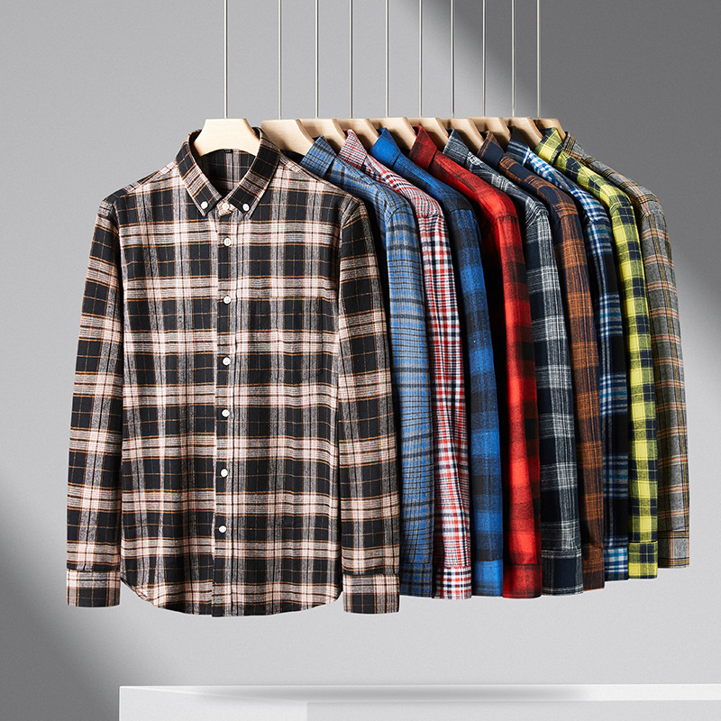 Autumn and Winter New plus size Men's Long-sleeved Plaid Sanding Shirt Casual All-match Plus Fat Plus Plus Yarn-dyed Plaid Shirt Chubby