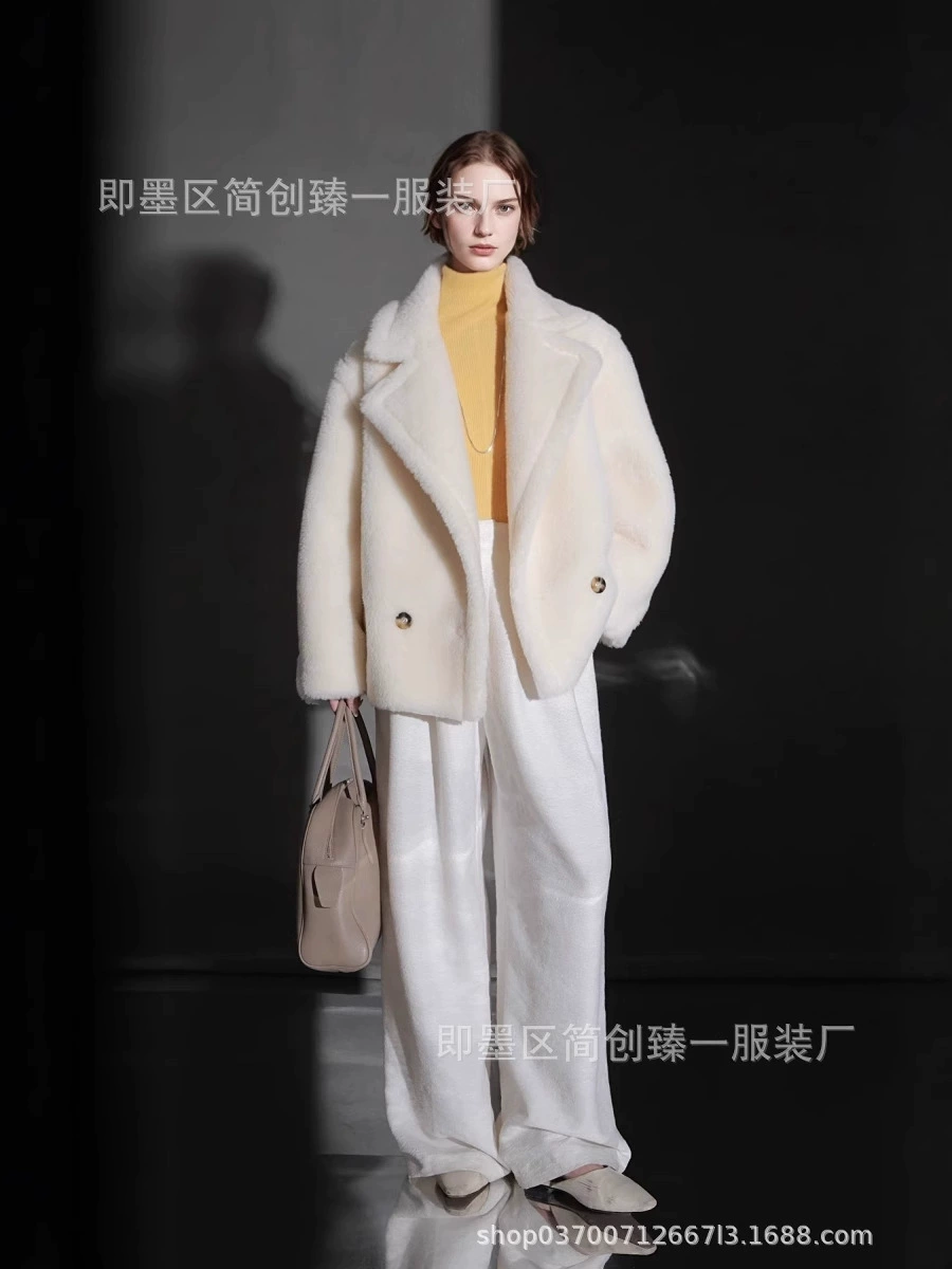 Double‑faced wool teddy coat, 100% wool, rice white, handmade detailing, S–M