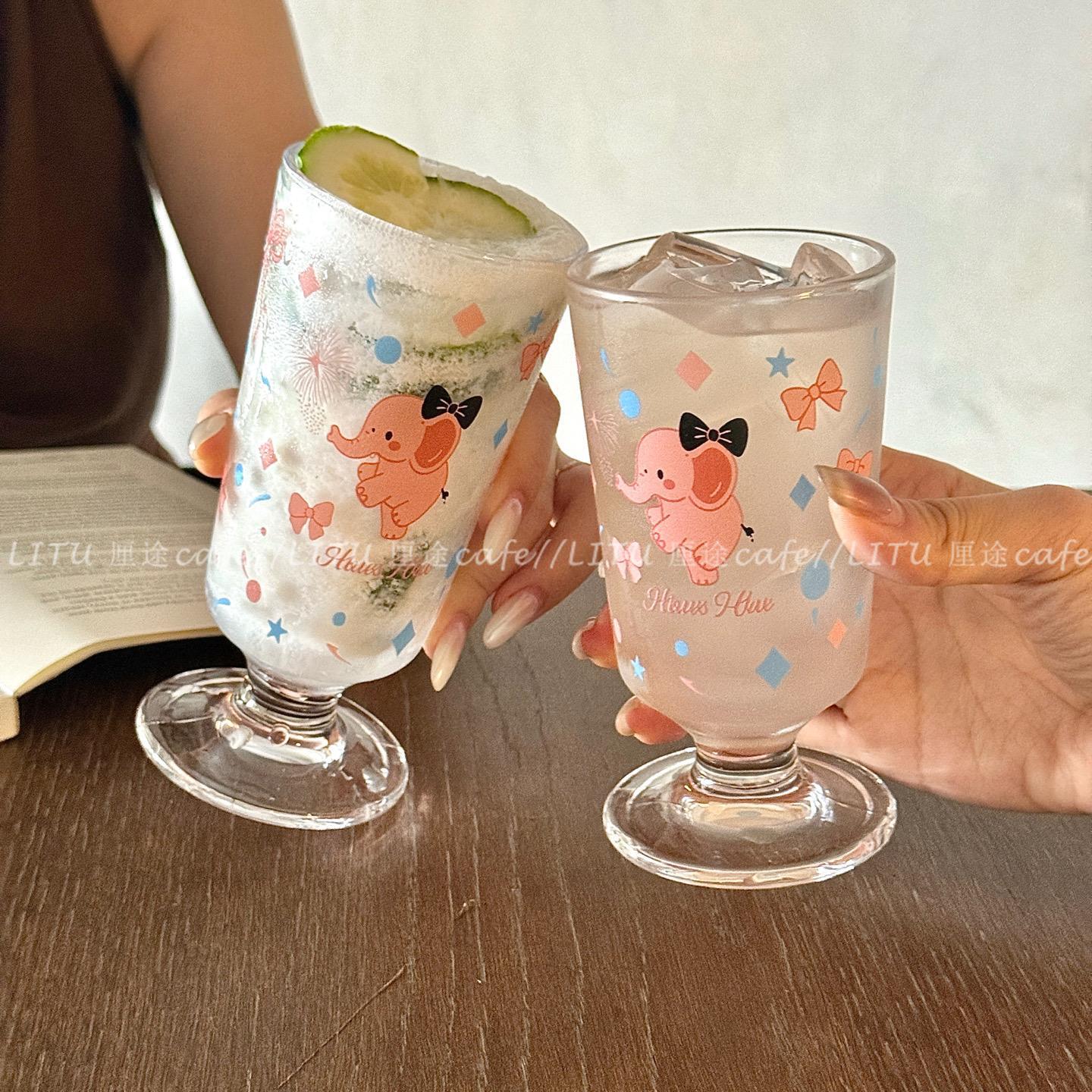 Ins-Style Cute Pink Elephant Glass Goblet, Korean-Style High-Value Water Cup, Household Milk Cup, Juice Drink Cup