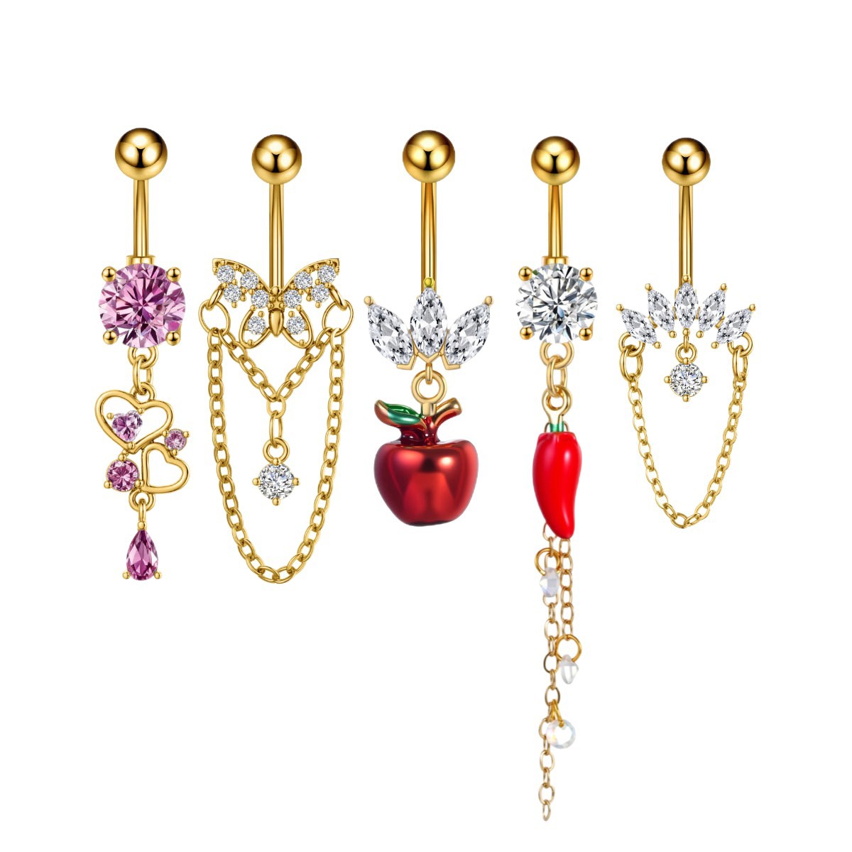 Heart-shaped Zirconia Belly Button Ring With Stainless Steel Chain_voghion.com