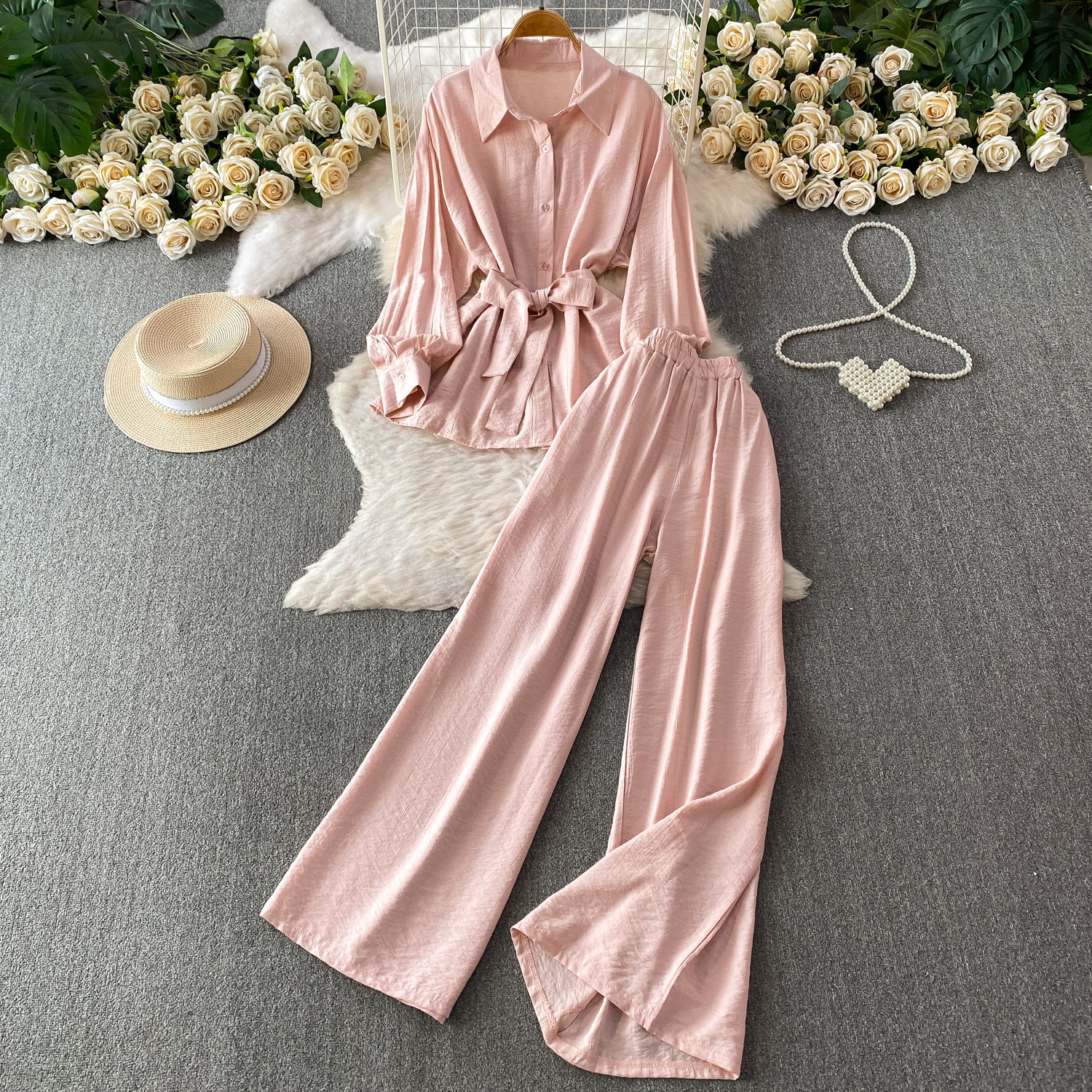 Women's Korean Style Two-Piece Set - Loose Long Sleeve Shirt With Tie-Waist & Wide Leg Trousers, Casual Office Wear Summer Outfit_ecoleips.com
