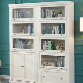 xy美式实木书柜客厅置物架玻璃门儿童收纳书架书橱落地防尘储物柜