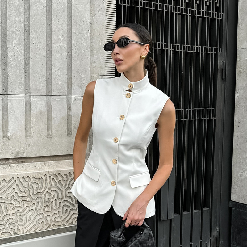 2025 Versatile Fashionable Sleeveless Vest Top European and American Spring and Summer White Small Stand-Up Collar Commuter Casual Shirt