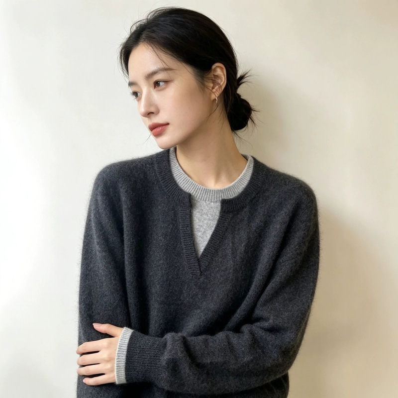 26 Autumn/Winter New Collection: Wool, Cashmere, and Mulberry Silk Blend, Faux Two-Piece, Loose-Fit, Round Neck, Soft and Comfortable Knitted Sweater 26 Autumn/Winter New Collection: Wool, Cashmere, and Mulberry Silk Blend, Faux Two-Piece, Loose-Fit, Round Neck, Soft and Comfortable Knitted Sweater