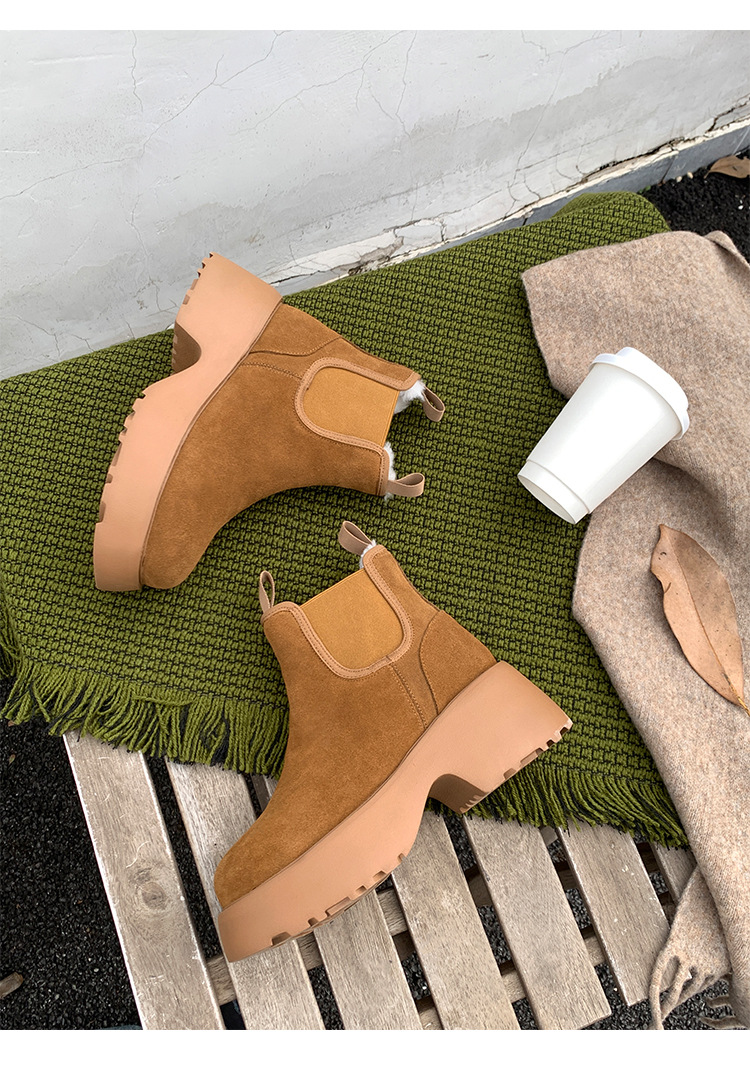 Boot Chelsea nữ da dê lót lông cừu đế dày platform ấm mùa đông — màu đen chi tiết 20