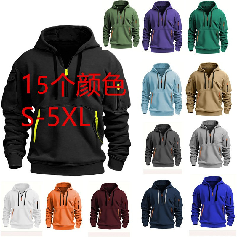 Men's Casual Sports Multi-Zipper Arm Embroidered Sweater Pullover Hoodie
