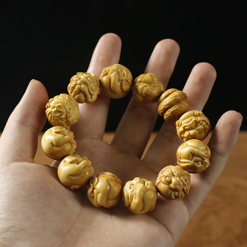 Handgeschnitztes Buchsbaum Armband Mit Zwölf Tierkreiszeichen_voghion.com
