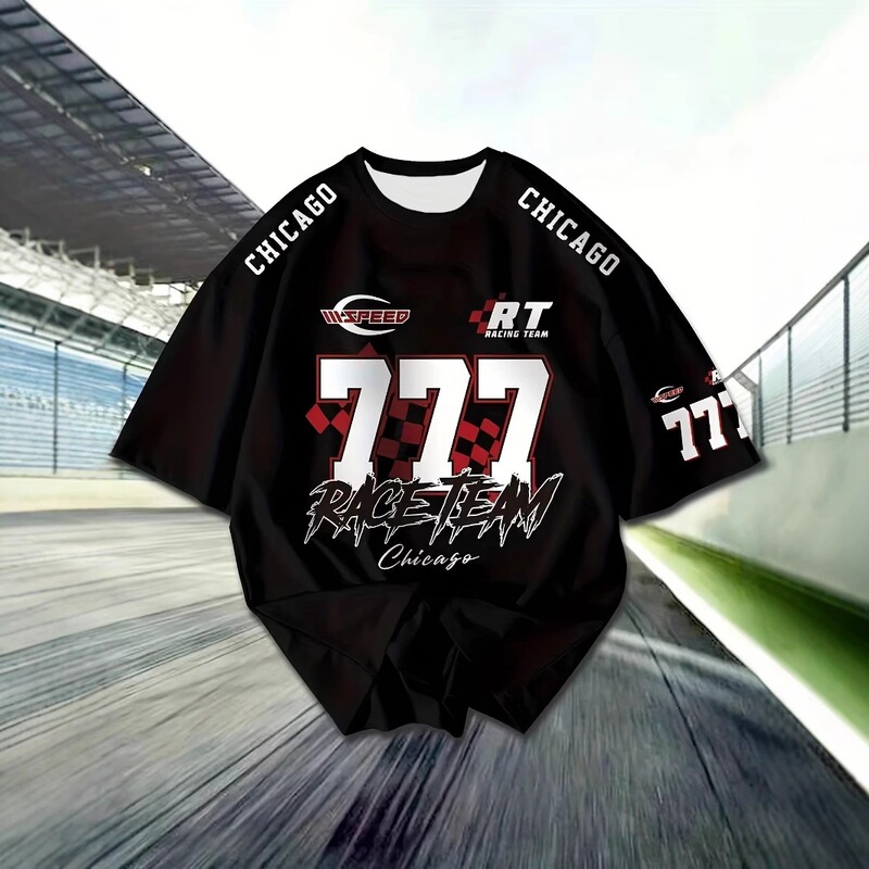 Men's Large Size Casual Sports T-Shirt No. 77, Printed with Racing Graphics, Round Neck, Short Sleeves, Top Men's Large Size Casual Sports T-Shirt No. 77, Printed with Racing Graphics, Round Neck, Short Sleeves, Top