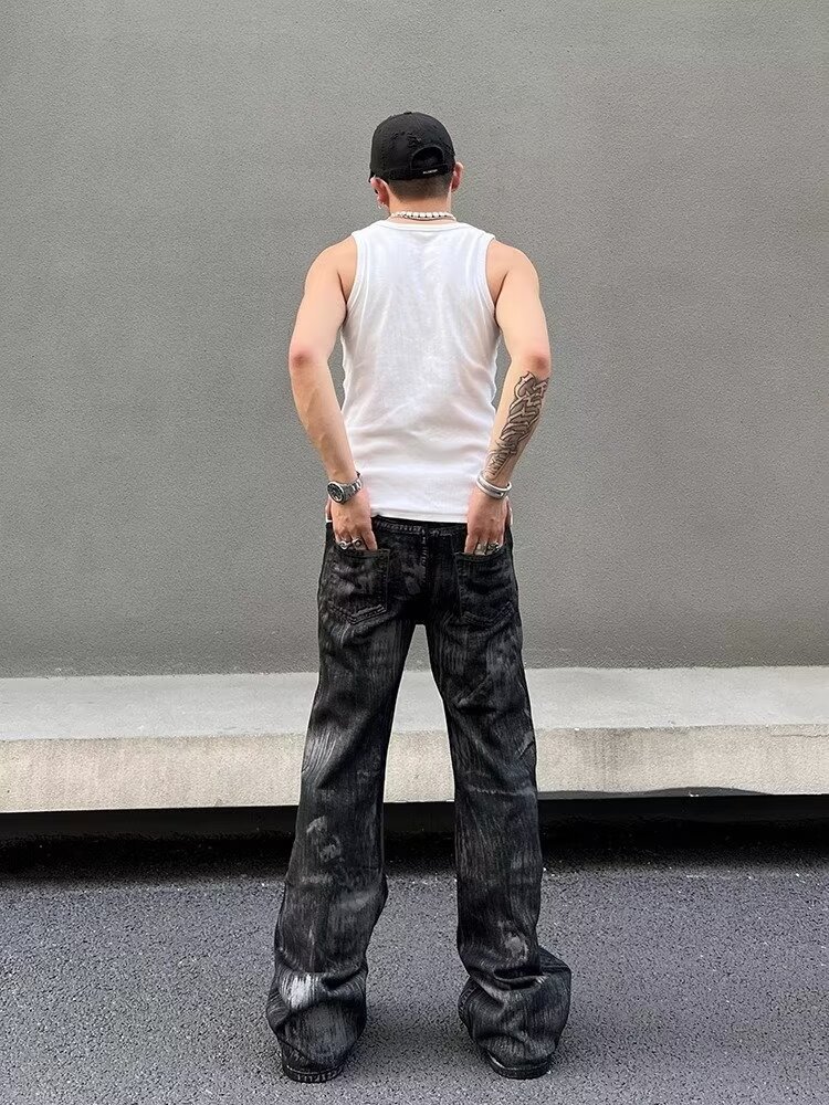 Men's Retro Distressed Flared Jeans High Street Style Loose Fit Zipper Design Cool And Edgy Long Pants_mkmklike.com