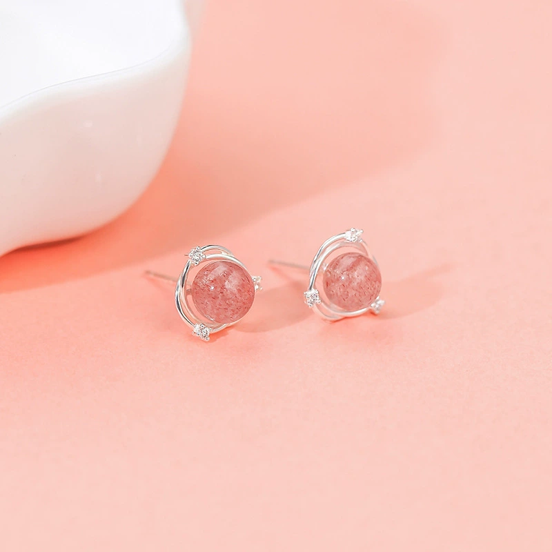 Серьги (Fuchsia) клубничный кристалл 6 мм, натуральный камень, изящная серебристая оправа
