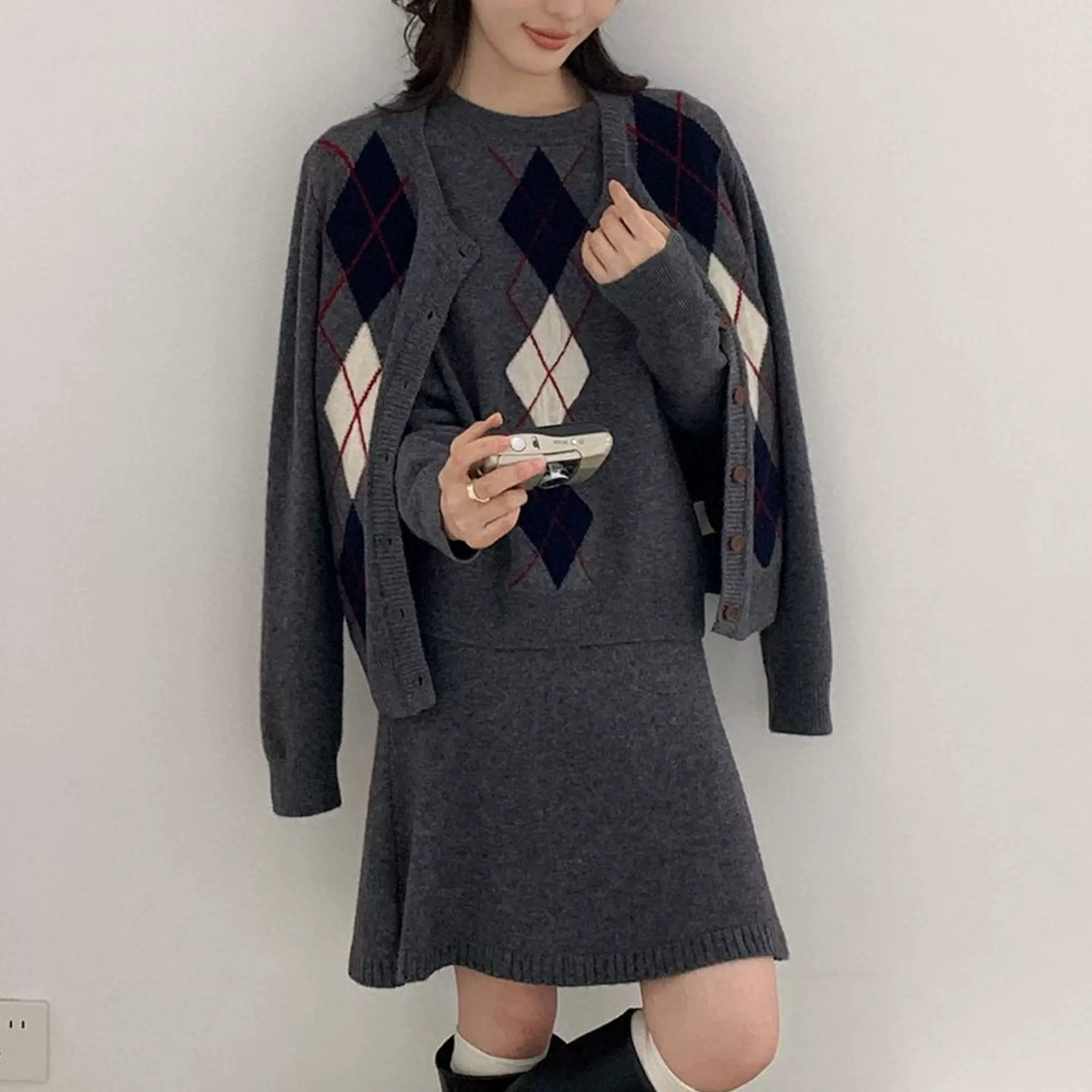 休闲学院风菱形格纹毛衣三件套2025秋韩版新款修身百搭羊毛衫套装