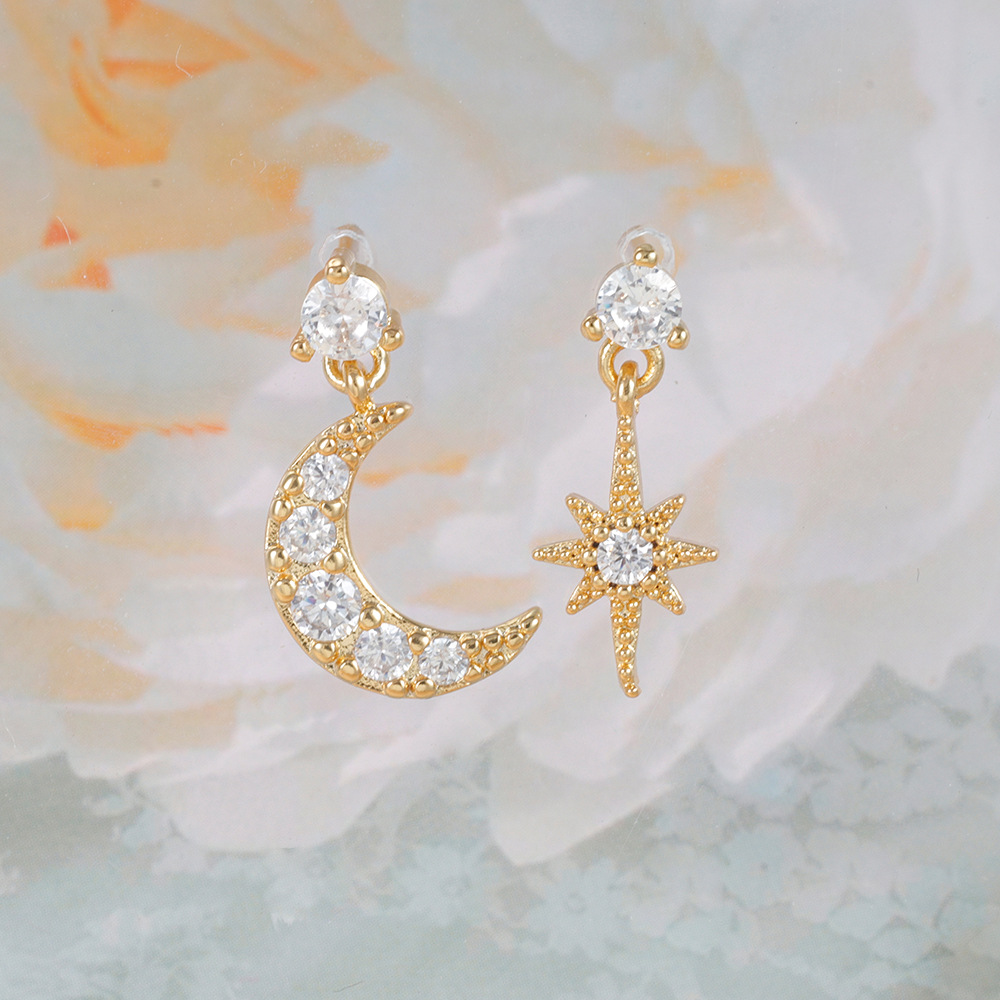 10g Weight 18K Gold Plated Plating Material Zircon Inlay Material Drop Earrings Classification 1 Pair Quantity Daily, Street Occasion Copper Material Star, Moon Pattern Women's Gender Asymmetrical, Plating, Inlay Design IG Style Style 1 Pair Ig Style Star Moon Asymmetrical Plating Inlay Copper Zircon 18k Gold Plated Drop Earrings 9