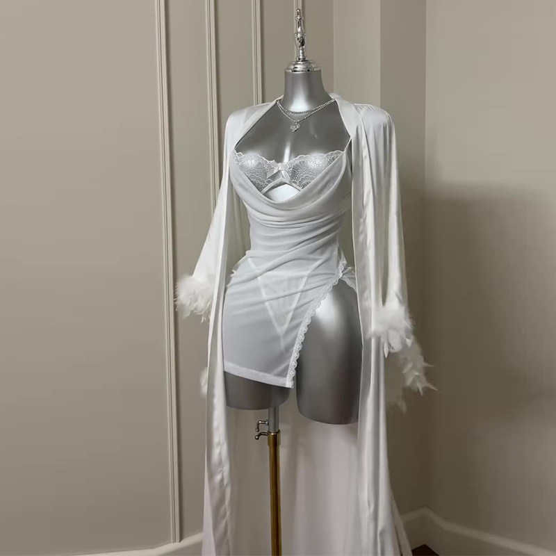 2026 Autumn Foreign Trade Cross-Border Women's Clothing Amazon European and American New Style Slit Strap White Sexy Pajama Two-Piece Set 2026 Autumn Foreign Trade Cross-Border Women's Clothing Amazon European and American New Style Slit Strap White Sexy Pajama Two-Piece Set