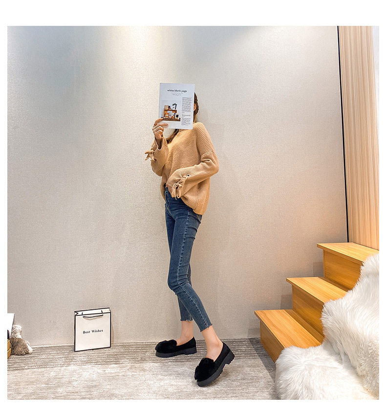 Giày bông nữ gót vuông thấp lót lông thỏ giữ ấm, mũi tròn, đế dày — Màu xám, Màu đen chi tiết 14