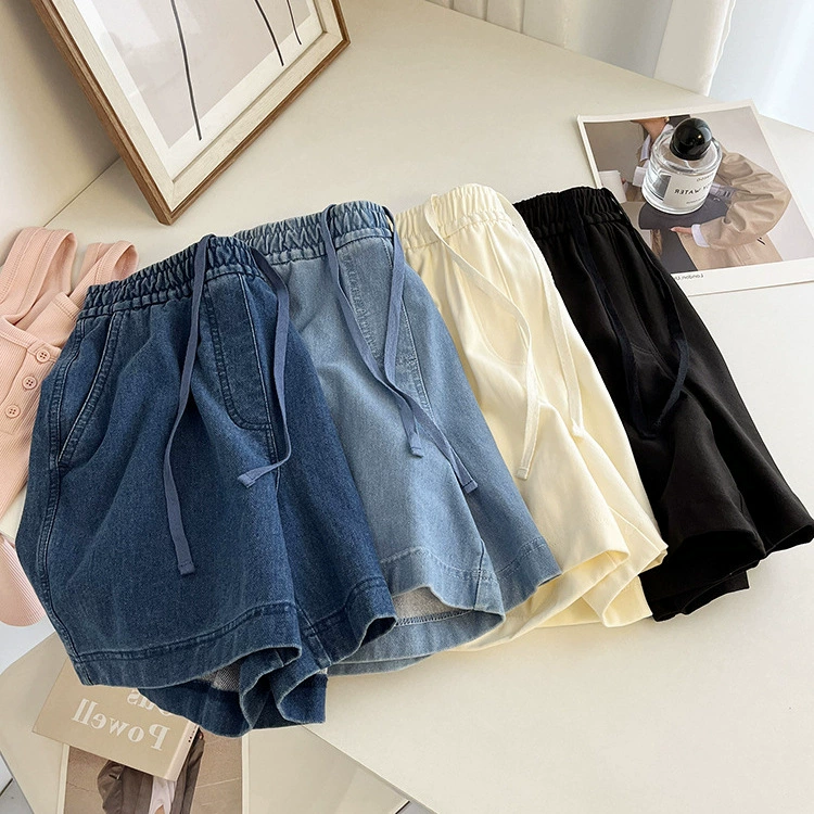 水洗棉牛仔短裤女夏季抽绳松紧高腰a字显瘦宽松运动休闲阔腿热裤