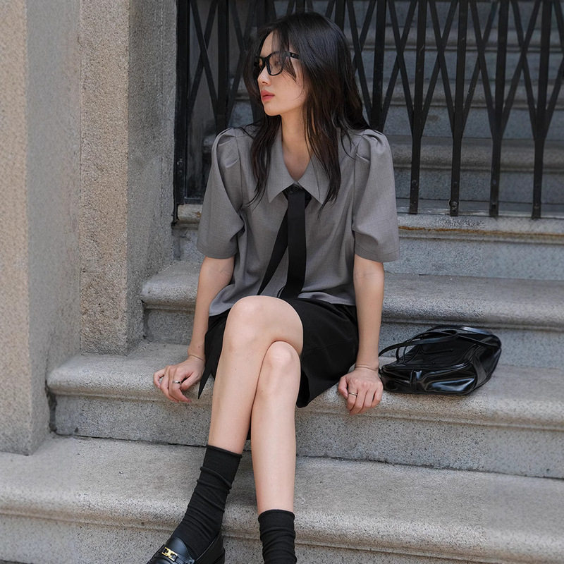 Restaurant Sweet Cool College Style Grey Tie JK Short-sleeved Shirt Women's Summer Salt Loose All-match Age-reducing Shirt Top