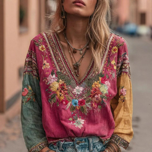 Cross-Border European and American Women's Casual Retro Bohemian V Neck Tops Ethnic Style Long Sleeves