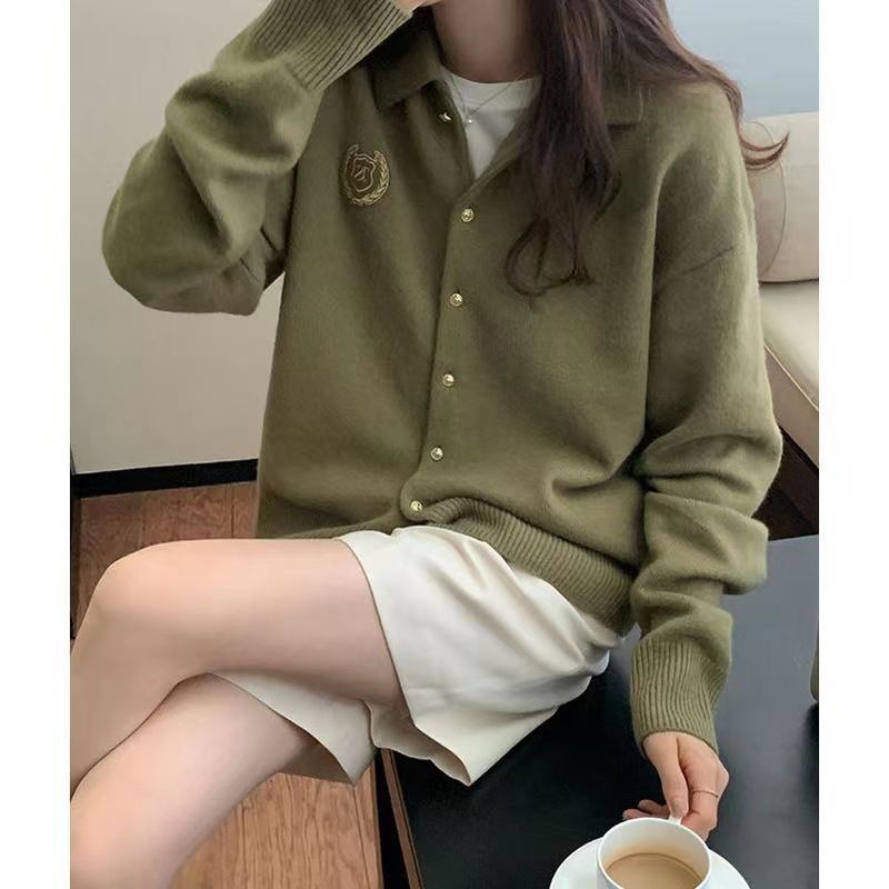 高级感宽松慵懒风软糯毛衣外套上衣秋季学院风刺绣POLO领针织开衫|undefined