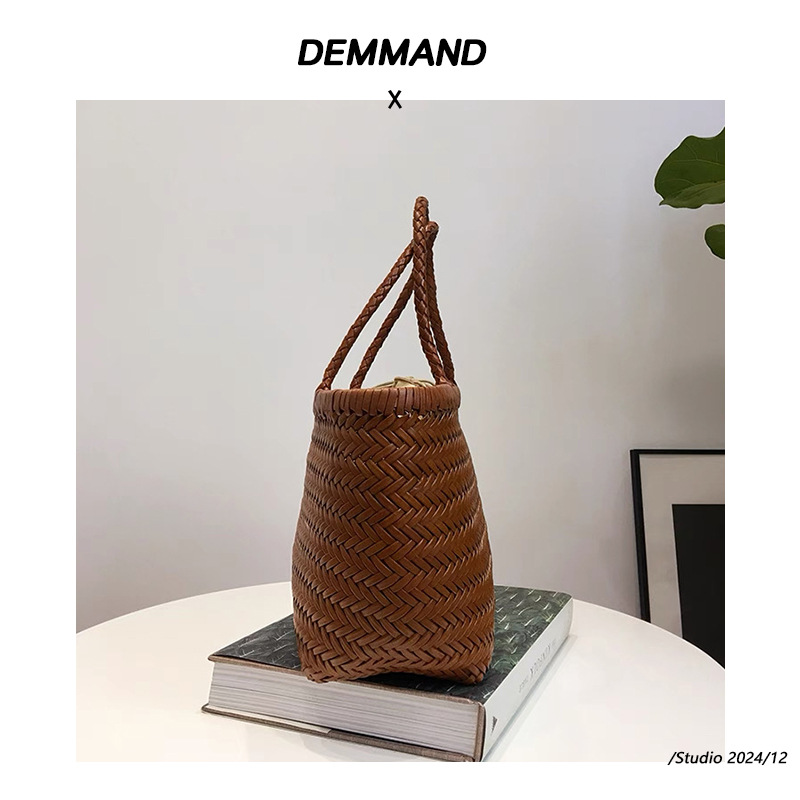 Yijinyuan French Style Basket Bag Cowhide Hand-Woven Leather Handbag For Women, Niche Genuine Leather Beach Vacation Tote - Thumbnail 3