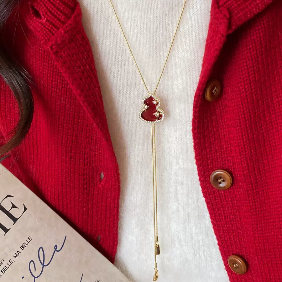 复古安可拉红葫芦流苏吊坠项链女款高级感气质大气长款毛衣链配饰